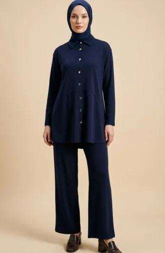 Tweedelig Setje Met Overhemdkraag Tuniek En Broek Model 2210-02 Marineblauw 2210-02