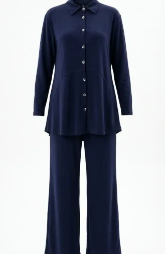 Tweedelig Setje Met Overhemdkraag Tuniek En Broek Model 2210-02 Marineblauw 2210-02