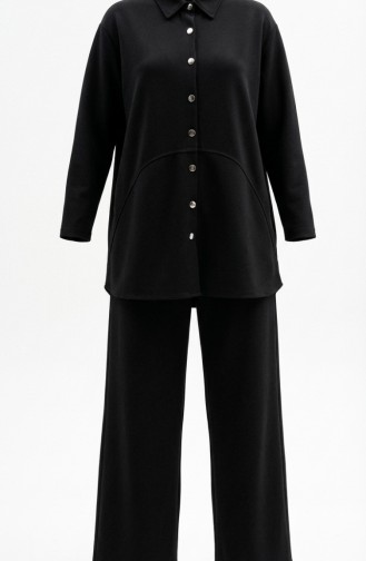 طقم مكون من قطعتين: بلوزة بياقة قميص وأزرار، وبنطال، أسود، رقم الموديل 2210-05 2210-05