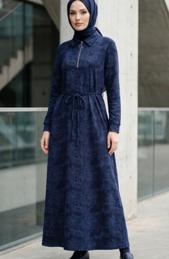 Robe En Modal à Col Chemise Fermeture éclair Et Lacets 0235-03 Bleu Marine 0235-03