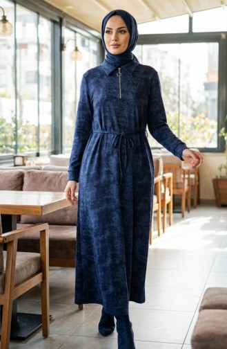 Robe En Modal à Col Chemise Fermeture éclair Et Lacets 0235-03 Bleu Marine 0235-03