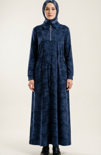 Robe En Modal à Col Chemise Fermeture éclair Et Lacets 0235-03 Bleu Marine 0235-03