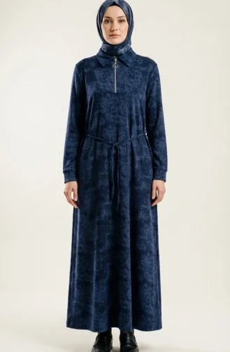 فستان مودال بياقة قميص وسحاب ورباط أمامي 0235-03 أزرق داكن 0235-03