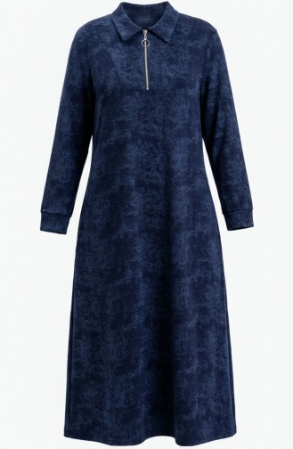 Robe En Modal à Col Chemise Fermeture éclair Et Lacets 0235-03 Bleu Marine 0235-03