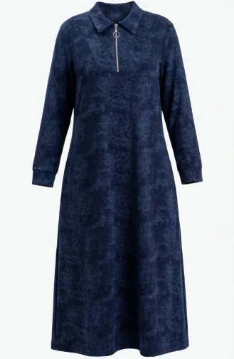 فستان مودال بياقة قميص وسحاب ورباط أمامي 0235-03 أزرق داكن 0235-03