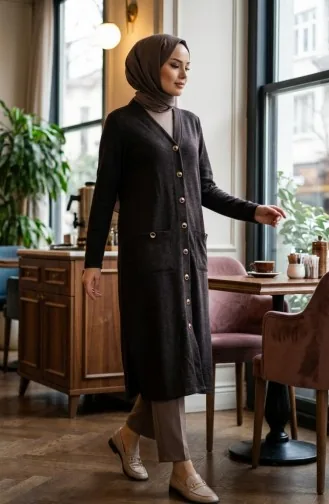 Düğmeli Hırka 5025-03 Kahverengi