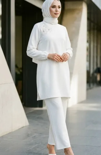 Ensemble Deux Pièces Tunique Et Pantalon Orné De Pierres 0230-02 Blanc 0230-02
