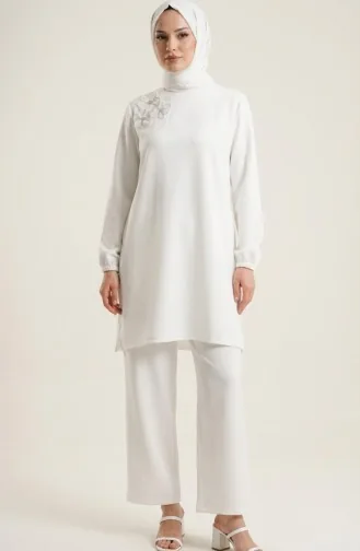 Ensemble Deux Pièces Tunique Et Pantalon Orné De Pierres 0230-02 Blanc 0230-02