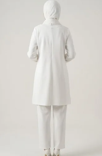 Ensemble Deux Pièces Tunique Et Pantalon Orné De Pierres 0230-02 Blanc 0230-02