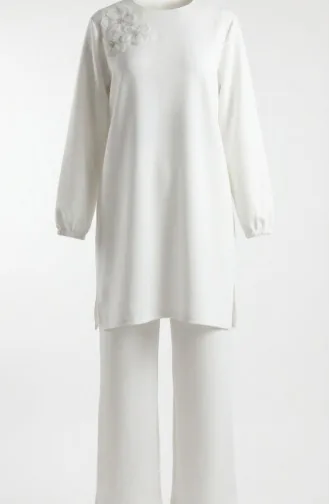 Ensemble Deux Pièces Tunique Et Pantalon Orné De Pierres 0230-02 Blanc 0230-02