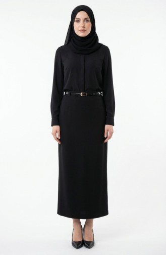 Doppellagiger Bleistiftrock Mit Gürtel Modell 2252-01 Schwarz 2252-01