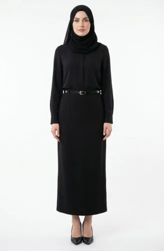 Double Fabric Belted Pencil Skirt 2252-01 Black 2252-01