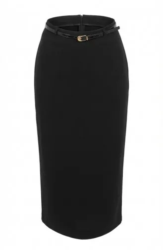 Double Fabric Belted Pencil Skirt 2252-01 Black 2252-01