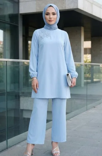 Tuniek En Broek Met Steenversiering Tweedelig Set 0230-06 Blauw 0230-06