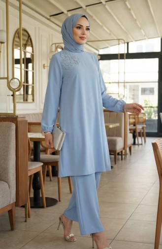 طقم مكون من قطعتين سترة وبنطال مزينان بالأحجار، أزرق، 0230-06 0230-06