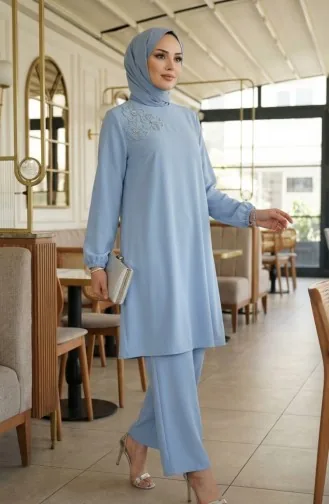 Tuniek En Broek Met Steenversiering Tweedelig Set 0230-06 Blauw 0230-06