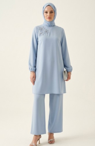 طقم مكون من قطعتين سترة وبنطال مزينان بالأحجار، أزرق، 0230-06 0230-06