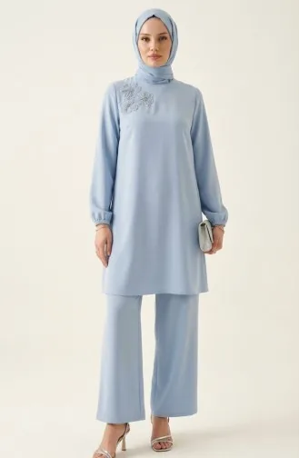 Tuniek En Broek Met Steenversiering Tweedelig Set 0230-06 Blauw 0230-06