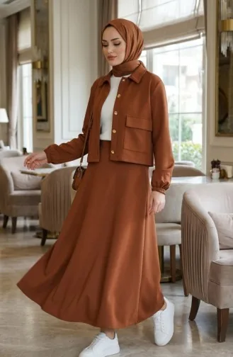 طقم مكون من قطعتين من قماش الغوص، جاكيت وفستان، 0233-01، لون بني فاتح 0233-01