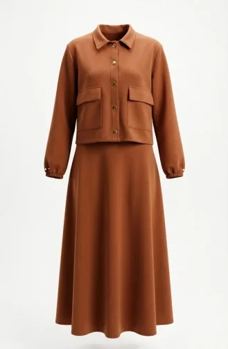 طقم مكون من قطعتين من قماش الغوص، جاكيت وفستان، 0233-01، لون بني فاتح 0233-01