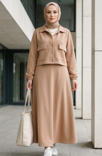 Zweiteiliges Set Aus Scuba-Stoffjacke Und -Kleid 0233-02 Milchkaffee 0233-02