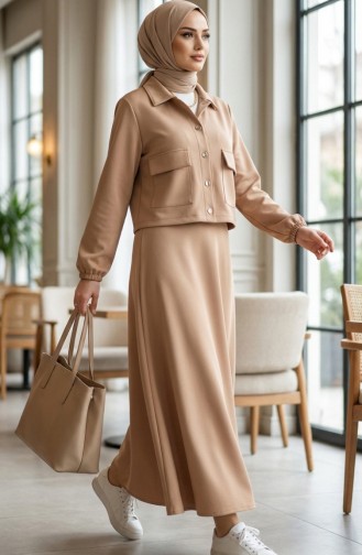 Zweiteiliges Set Aus Scuba-Stoffjacke Und -Kleid 0233-02 Milchkaffee 0233-02