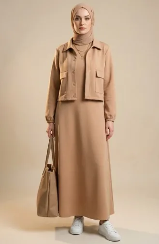 Tweedelig Setje Van Jasje En Jurk Van Scuba-stof 0233-02 Milky Coffee 0233-02