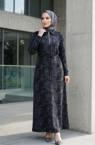 Robe En Modal à Col Chemise Fermeture éclair Et Lacets 0235-04 Noir 0235-04