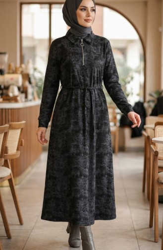 Robe En Modal à Col Chemise Fermeture éclair Et Lacets 0235-04 Noir 0235-04