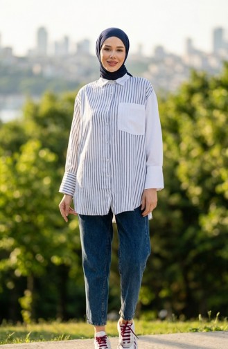 Garnished Striped Shirt 4815-01 Navy Blue 4815-01