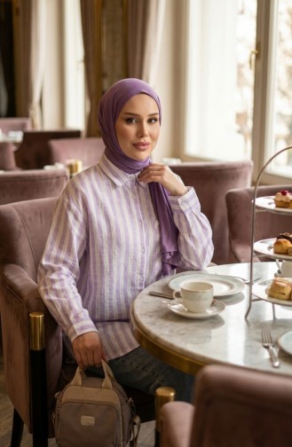 قميص بخطوط كتان 4817-02 بنفسجي فاتح 4817-02