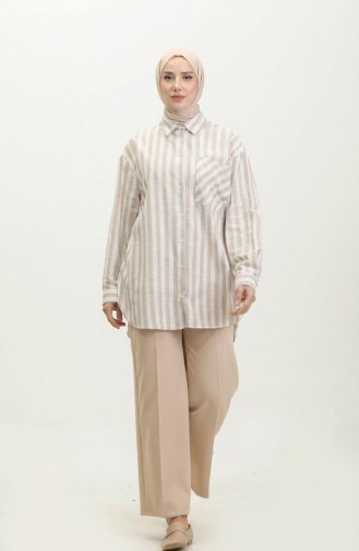 Keten Karışımlı Çizgili Gömlek 4817-03 Vizon