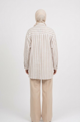 Keten Karışımlı Çizgili Gömlek 4817-03 Vizon