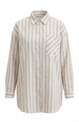 Keten Karışımlı Çizgili Gömlek 4817-03 Vizon