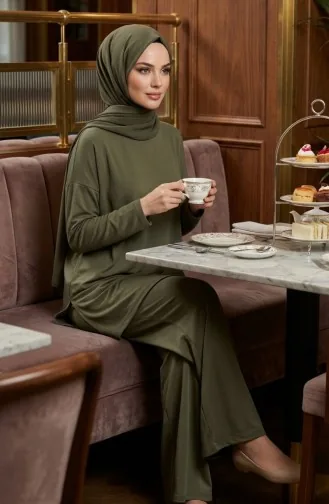 طقم أويشو من قطعتين، بلوزة وبنطال، لون كاكي، رقم الموديل 2164-06 2164-06