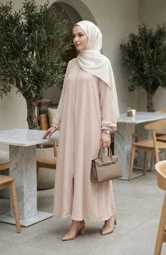 عباية مولانا من قماش أيروبين بأكمام مطاطية وسحاب، 4140-04 بيج 4140-04