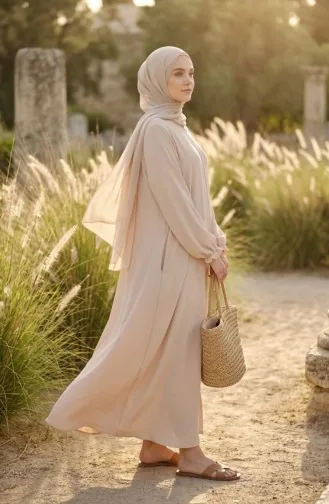 عباية مولانا من قماش أيروبين بأكمام مطاطية وسحاب، 4140-04 بيج 4140-04