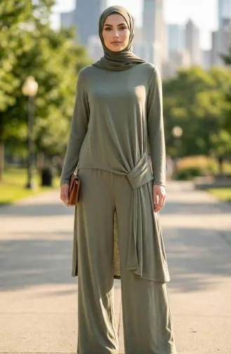 Oysho Kumaş Tunik Pantolon ikili Takım 5110-02 Zeytin Yeşili
