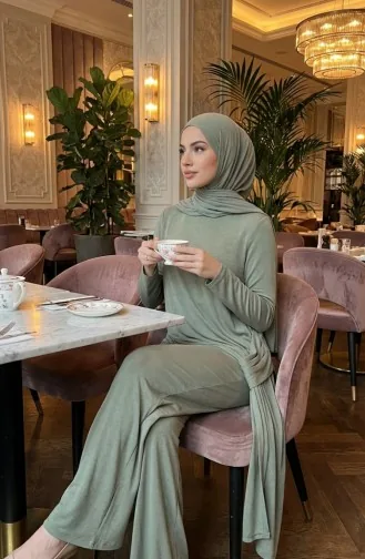 Oysho Kumaş Tunik Pantolon ikili Takım 5110-02 Zeytin Yeşili