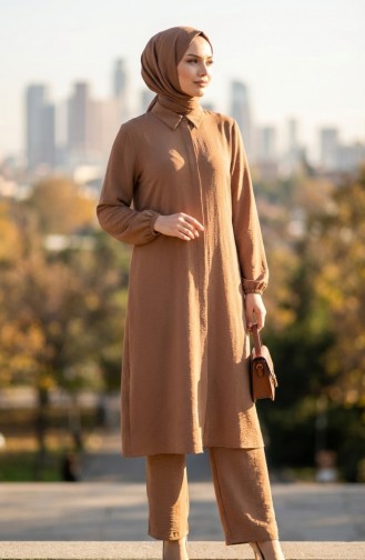 Aerobin Kumaş Tunik Pantolon İkili Takım 4142-02 Sütlü kahve