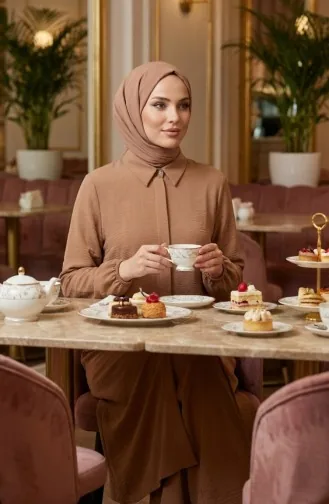 طقم تونيك وبنطال من قماش أيروبين، قطعتان، 4142-02، لون قهوة بالحليب 4142-02