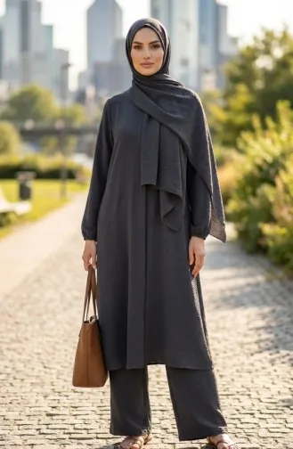 طقم تونيك وبنطال من قماش أيروبين، قطعتين، 4142-08، لون أنثراسيت 4142-08