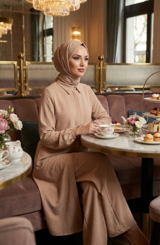 Aerobin Kumaş Tunik Pantolon İkili Takım 4142-09 Bej