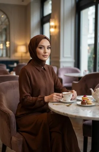 طقم من قطعتين من قماش أيروبين، يتكون من تونيك وبنطال، رقم الموديل 4142-10، لون بني 4142-10