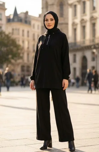 Oysho Kumaş Kapüşonlu Tunik Pantolon İkili Takım 0236-01 Siyah