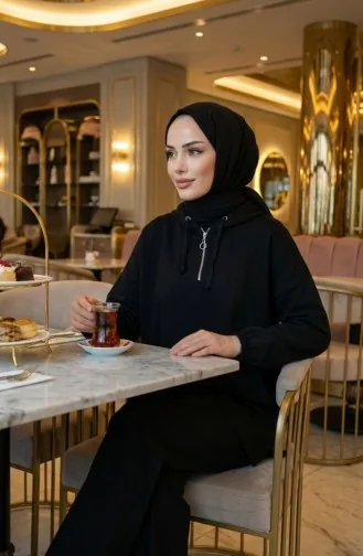 Oysho Kumaş Kapüşonlu Tunik Pantolon İkili Takım 0236-01 Siyah