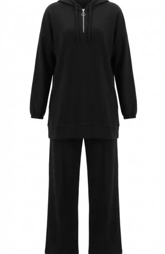 Oysho Kumaş Kapüşonlu Tunik Pantolon İkili Takım 0236-01 Siyah