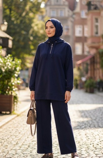 Oysho Fabric Hooded Tunic And Pants Two-Piece Set 0236-02 Navy Blue 0236-02