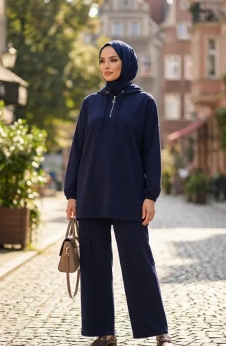 Oysho Kumaş Kapüşonlu Tunik Pantolon İkili Takım 0236-02 Lacivert