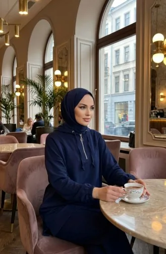 Oysho Kumaş Kapüşonlu Tunik Pantolon İkili Takım 0236-02 Lacivert